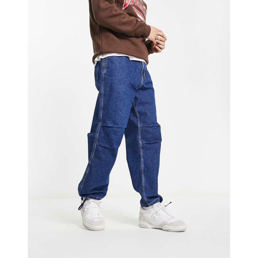 New Bershka Parachute Jeans Small Blue Denim Drawstring Wide Streetwear Pants
